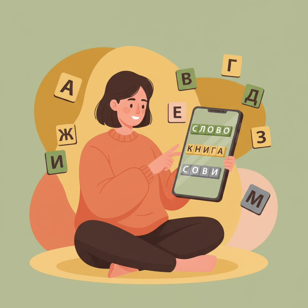 Девушка играет в Слови — словесную игру на телефоне